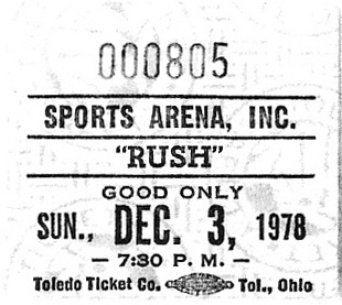 Rush show ticket#0805 with Golden Earring December 03, 1978 Toledo - Sports Arena